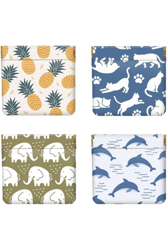 4Pcs Small Leather Squeeze Coin Purse for Women-Simple Animals Pattern Waterproof & Durable Change Pouch Mini Money WalletBest Gift