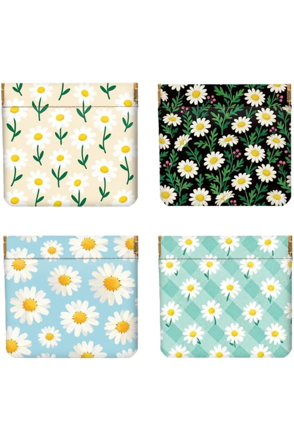 4Pcs Small Leather Squeeze Coin Purse for Women-Simple Daisy Pattern Waterproof & Durable Change Pouch Mini Money WalletBest Gift