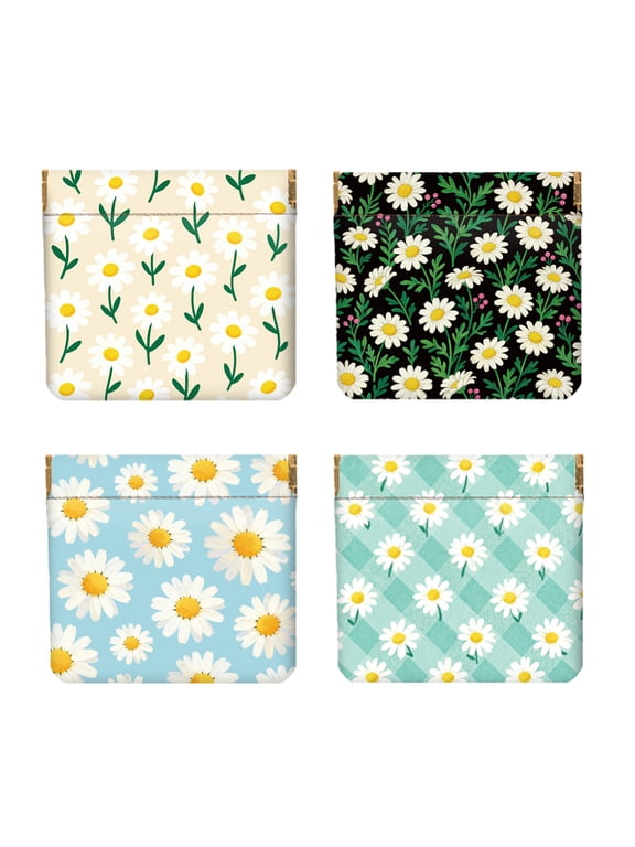 4Pcs Small Leather Squeeze Coin Purse for Women-Simple Daisy Pattern Waterproof & Durable Change Pouch Mini Money Wallet
