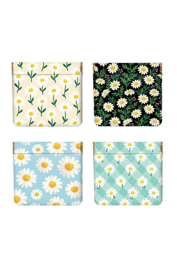 4Pcs Small Leather Squeeze Coin Purse for Women-Simple Daisy Pattern Waterproof & Durable Change Pouch Mini Money Wallet