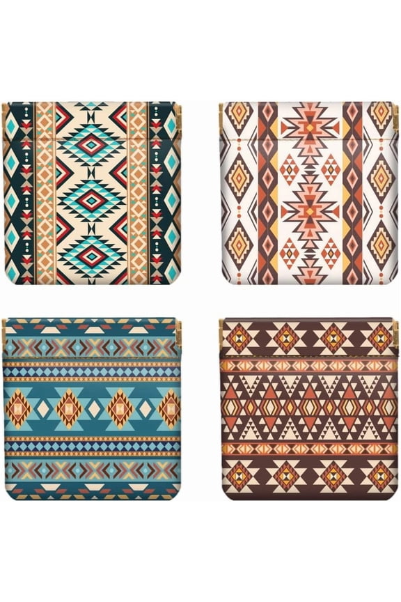 4Pcs Small Leather Squeeze Coin Purse for Women-and Aztec Pattern Waterproof Durable Change Pouch Mini Money WalletBest Gift for Adult Girls Colorful