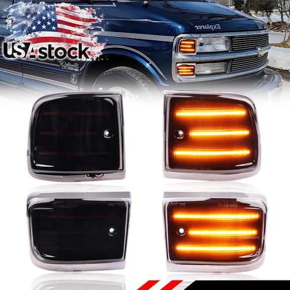 4Pcs Smoked Lens Front Corner Upper & Lower Side Marker Light Turn Signal Light With Amber LED For 1996 1997 1998 1999 2000 2001 2002 Chevrolet Express Van 1500 2500 3500 Van