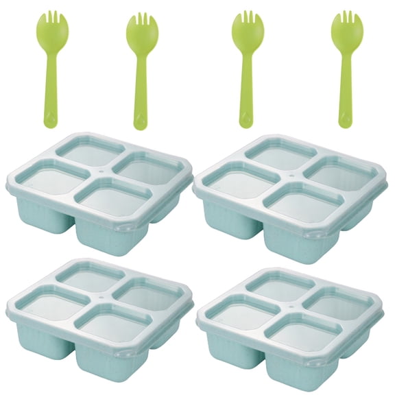 4Pcs Snack Box Containers Set, Reusable 4 Compartment Lunchable Container Square Four Compartment Lunch Box With Transparent Lid Fruit 2Pcs Sauce Containers, Stackable Bento Box for Work,Travel