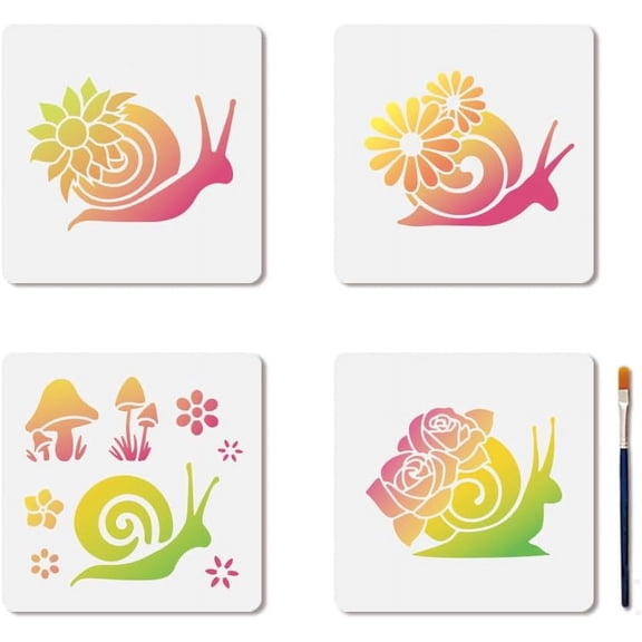 4Pcs Snail Stencils Snail Flower Painting Stencils 7.87.8inch Mushroom Wildflower Stencil with Paint Brush Snail Rose Daisy Template