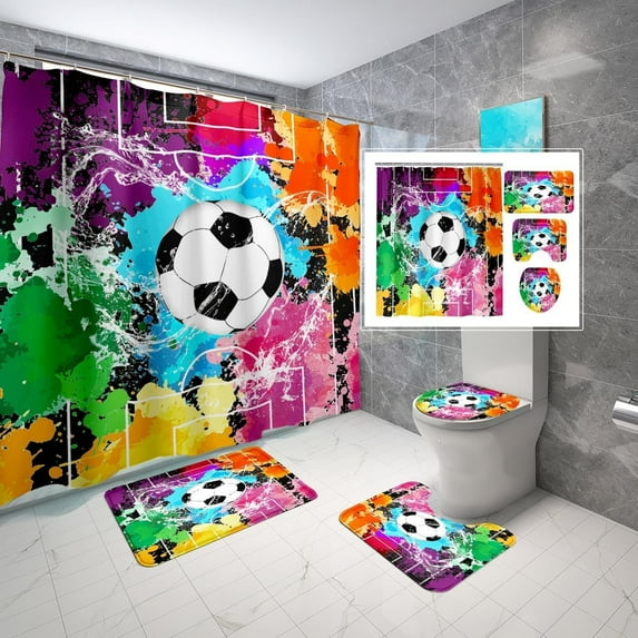 4Pcs Soccer Shower Curtain for Boys Bathroom Set - Boys Sports Shower Curtain Set with Bath Mat Toilet Lid Cover Football Shower Curtain with 12 Hooks Boys Bathroom Decor, 70" x 70"