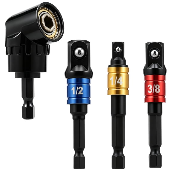 4Pcs Socket Adapter Extension Set 1/4 Inch 3/8 Inch 1/2 Inch Hex Shank Adapters with 105° Right Angle Drill Attachment Steel Socket Extender for Cordless Drill Impact Driver