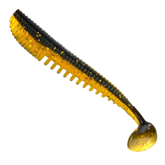 4Pcs Soft Fishing Lures 5.1in Ribbed Body with T-Tail, Two-Tone Glitter Design for Bass, Long Casting Finesse Bait for Fresh and Salt Water Angling, Yellow