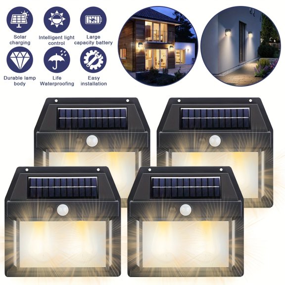 4Pcs Solar Motion Sensor Wall Lights, 3 Lighting Modes & Dusk-to-Dawn, IP65 Waterproof, Rechargeable, Outdoor LED Security Lights for Garden, Garage, Door, Shed