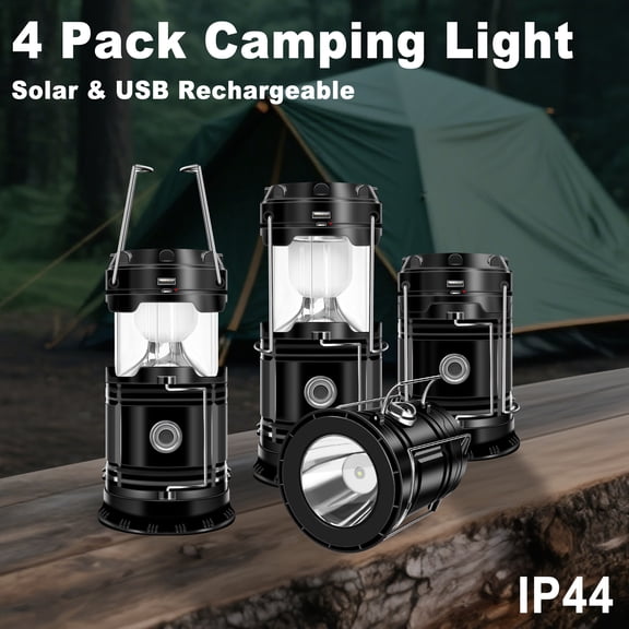 4Pcs Solar USB Rechargeable Camping Lantern Flashlight, Collapsible LED Hanging Lights, Emergency Lamp for Hurricanes, Power Outages, Storm Survival, Indoor & Outdoor Use