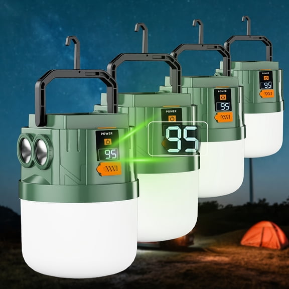 4Pcs Solar & USB Rechargeable LED Camping Lanterns, Digital Power Display, Portable Flashlight with Hanging Hook, Waterproof Emergency Light for Camping, Hiking & Outdoor Use