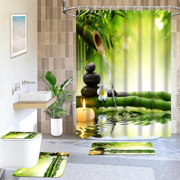 4Pcs Spa Bathroom Shower Curtain Sets with Rugs, Stone Bamboo Bathroom Sets with Shower Curtain and Rugs and Accessories