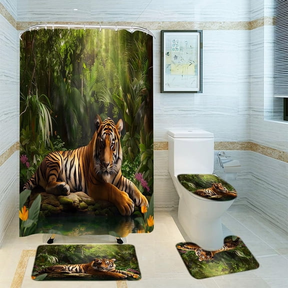 4Pcs Spa Shower Curtain Sets with Rugs Pink Lotu Green Leaf Stones Bathroom Accessories Set Bath Rugs 18x30 and Shower Curtain 70X70 Inch(U Shape,Toilet Lid Cover Mat)