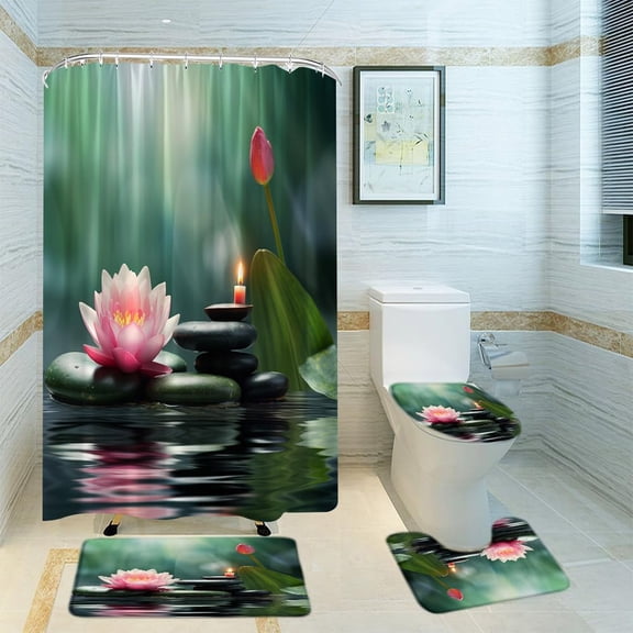 4Pcs Spa Shower Curtain Sets with Rugs Pink Lotu Green Leaf Stones Bathroom Accessories Set Bath Rugs 18x30 and Shower Curtain 70X70 Inch(U Shape,Toilet Lid Cover Mat)