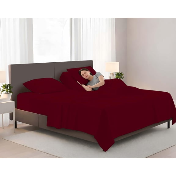 4Pcs Split Top Sheet Set King Size Bed 18" Deep Pocket - 100% Egyptian Cotton 800 Thread Count Flex Head 28" Top Split Sheet - Burgundy Solid