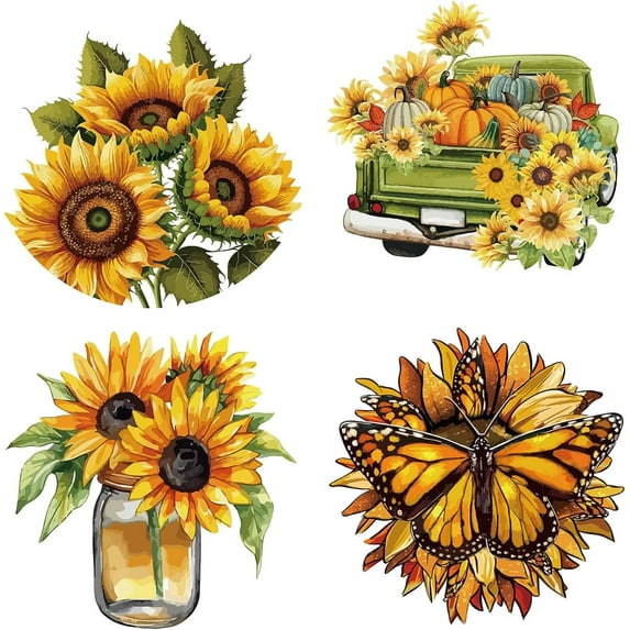 4Pcs Spring Summer Sunflower Window Clings Sticker Flower Butterfly Animal Wall Decorative Sticker Removable Adhesive Waterproof Window Decal for Room Decor 16x16cm