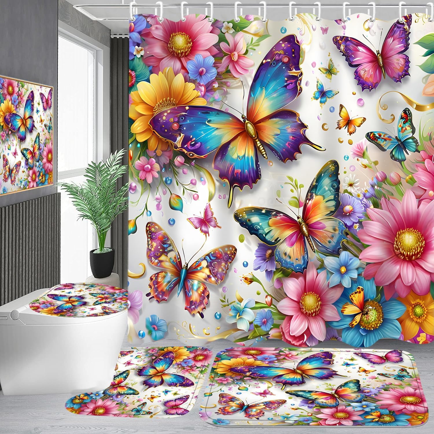 4Pcs Spring Themed Shower Curtain Set with Rugs Vintage Butterflies Bathroom Sets Floral Shower Curtain with 12 Hooks Bathroom Decor with Rugs Bath Accessories with Mats Toilet Lid Cover