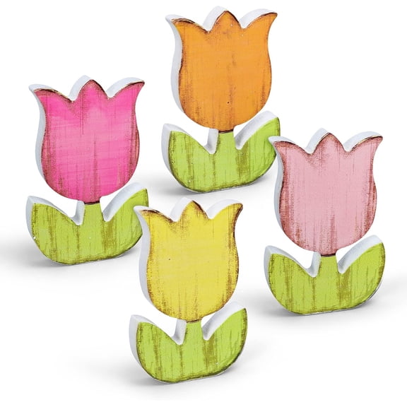 4Pcs Spring Tulips Wood Signs Table Decor - Retro Spring Flowers Table Centerpiece Rustic Farmhouse Floral Tiered Tray Decor Tulip Block Wooden Signs for Home Tabletop Decor