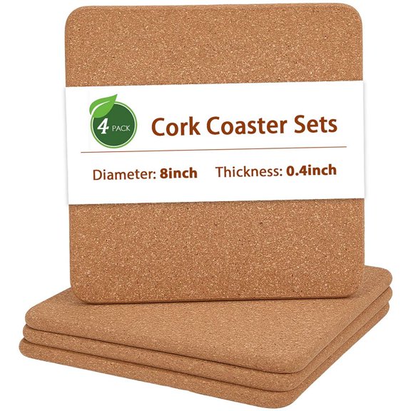 4Pcs Square Cork Coaster Sets Absorbent Natural Mats 8x8In 10mm Thick Wooden Blank Coasters Non-Slip Reusable Heat Resistant Protector DIY