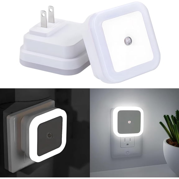 4Pcs Square LED Night Light Intelligent Sensor Control Induction Energy-Saving Bedside Socket Lamp Room Hallway Toilet Wall Home Lighting (White)