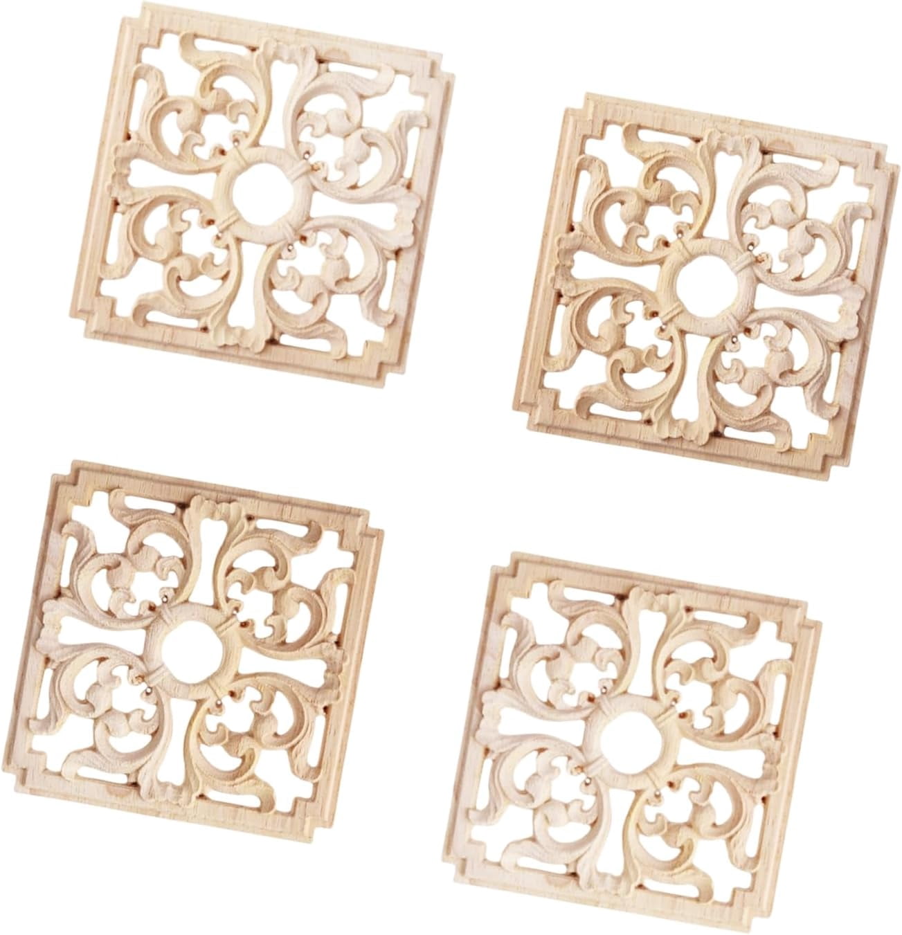 Hilitand 4Pcs Unpainted Wood Carved Appliques - 6x6cm Square Checkered Decals For Furniture DIY