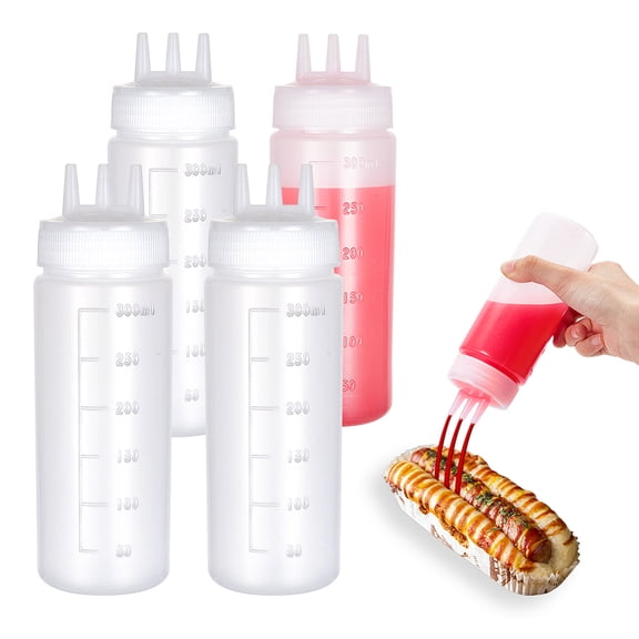 4Pcs Squeeze Condiment Bottles 10oz/300ml Plastic Squeeze Bottles 3 Holes Salad Dressing Container Sauces Squeezing Bottle