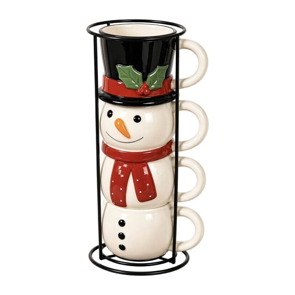 4Pcs Stackable Snowman Ceramic Mug Set With Storage Rack,Christmas Holiday Coffee Cocoa Mugs, Festive Snowman Stacking Cups For Kitchen Decor Improved Design