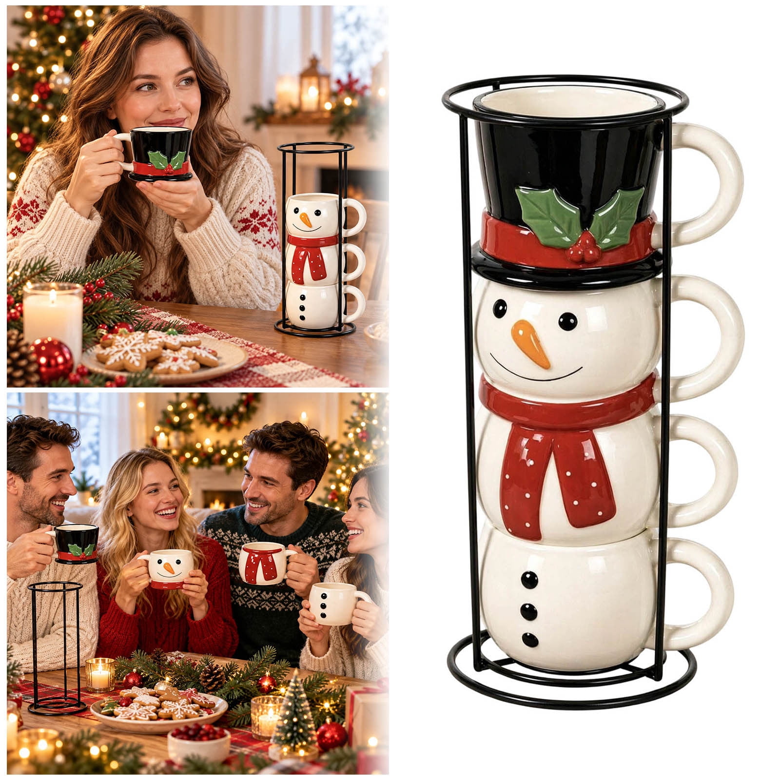 4Pcs Stackable Snowman Ceramic Mug Set With Storage Rack,Christmas ...