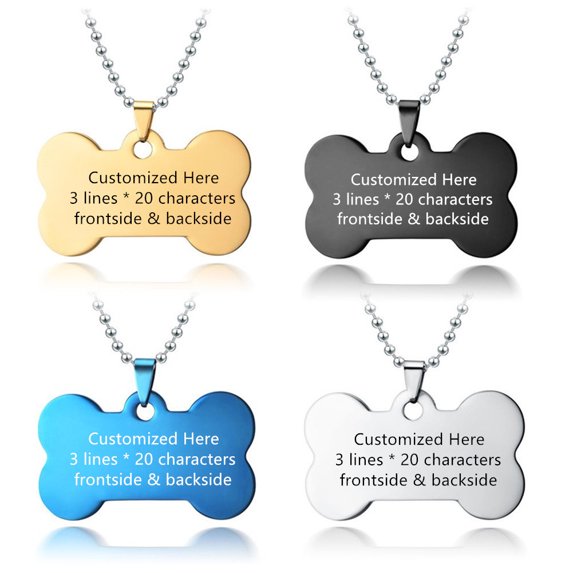 4Pcs Stainless Steel Personalized Name Date ICE Custom Dog Tag Bone Necklace Pet ID Tags Pendant for Dog Cat Pets Lover Jewelry,Silver,Gold,Black,Blue Free Engraving Customized