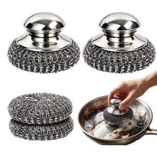4Pcs Stainless Steel Scrubber Set with Ergonomic Handle, Durable Steel Wool Scrubber for Dishes, Pots, Pans, Grill & Kitchen Cleaning, Comfortable Non-Slip Grip