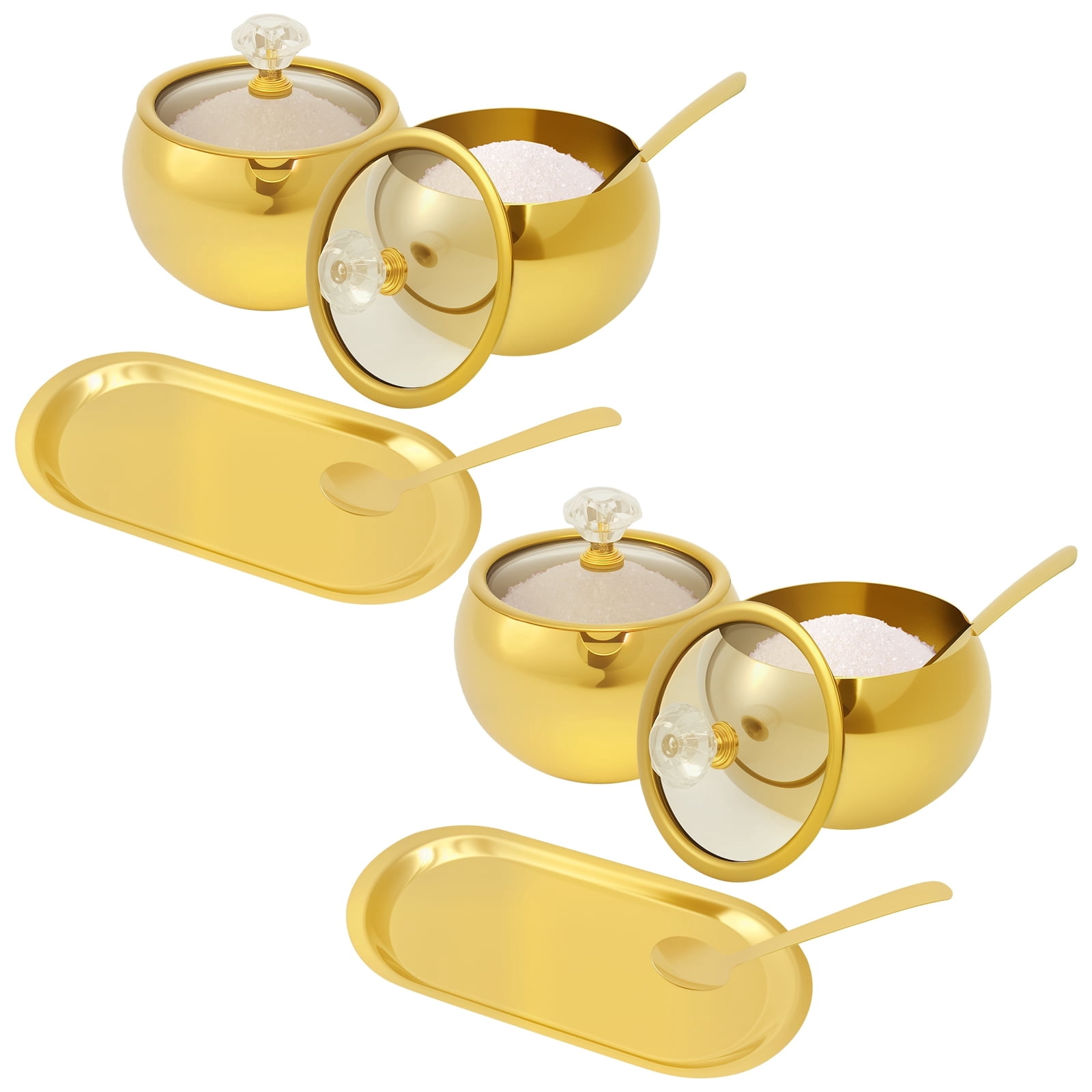 4Pcs Stainless Steel Seasoning Jar 8.79oz with Glass Lid and Spoon Gold Spice Jar with Serving Tray for Sugar Salt Pepper