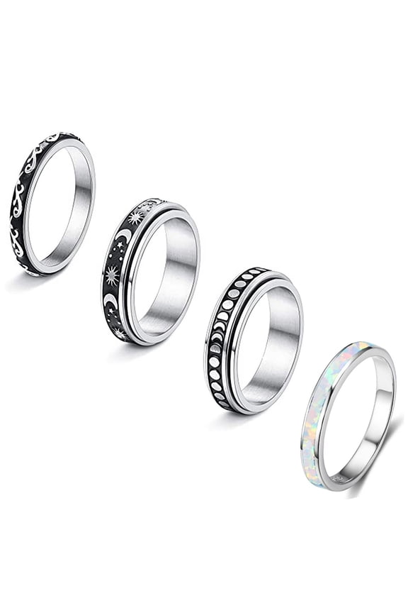 4Pcs Stainless Steel Silver Women's Ring Set Moon,Sun,Wave Pattern Blue Opal Ring