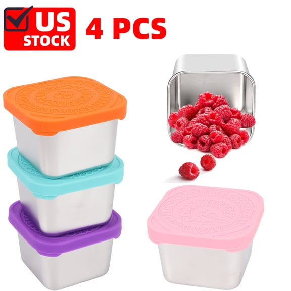 4Pcs Stainless Steel Snack Containers ;Snackle Box Container;Leak Proof Stackable Small Metal Food Containers with Silicone Lids