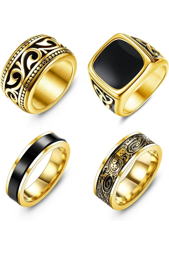4Pcs Stainless Steel Vintage Signet Rings for Men Biker Rings Set Pinky Thumb Spinner Ring Silver Gold Polished Edge Mens Rings for Men Jewelry Gift