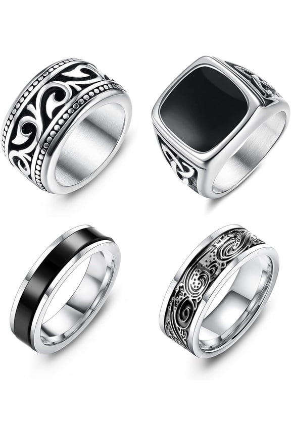 4Pcs Stainless Steel Vintage Signet Rings for Men Biker Rings Set Pinky Thumb Spinner Ring Silver Gold Polished Edge Mens Rings for Men Jewelry Gift