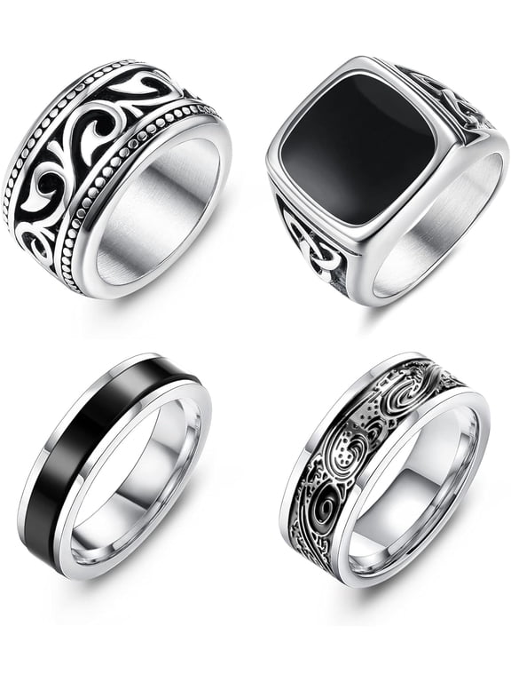 4Pcs Stainless Steel Vintage Signet Rings for Men Ring Silver Gold Polished Edge Mens Rings for Men Jewelry Gift