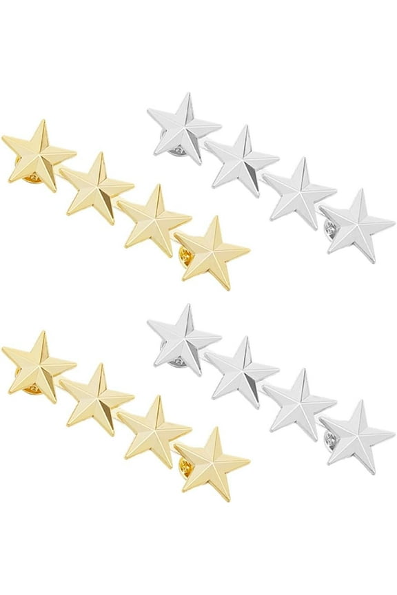 4Pcs Star Badge Lapel Pin Gold Silver 4 Stars Pride Rank Insignia Brooches Military Award Pins 5-Pointed Star Badge Collar Shoulder Star Pins for DIY