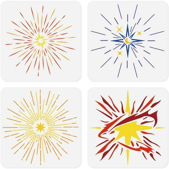 4Pcs Star Burst Wall Stencil Template DIY Crafts Reusable Plastic Stencils for Painting on Walls Floors Fabric Furniture Glass