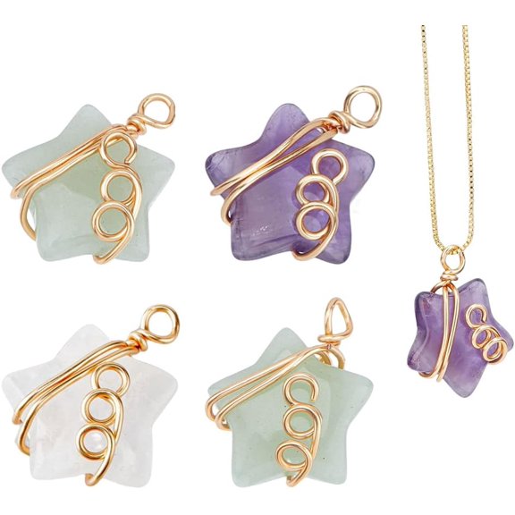 4Pcs Star Gemstones Pendants Star Shape Quartz Stone with Wire Wrapped Natural Synthetic Crystal Stone Charms for DIY Jewelry Making Hole: 2.5~3mm