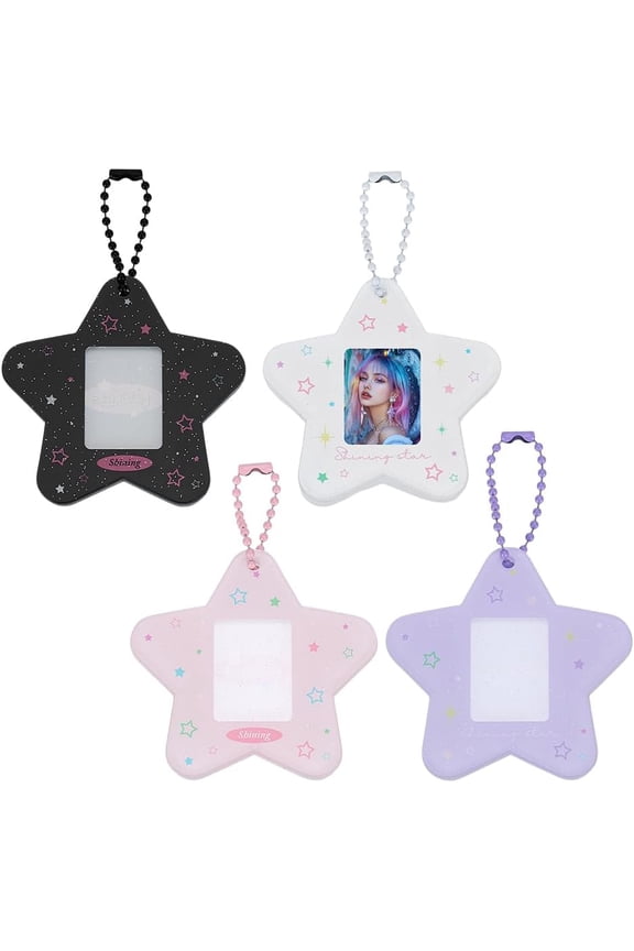 4Pcs Star otocard Holder Keychain 2.44x2.52x0.22 inch Pink/Purple/Black/White Acrylic ID Card Holder Keychain Cards Protective Sleeves