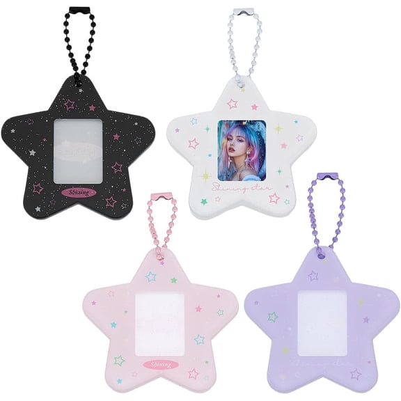 4Pcs Star otocard Holder Keychain 2.44x2.52x0.22 inch Pink/Purple/Black/White Acrylic ID Card Holder Keychain Cards Protective Sleeves