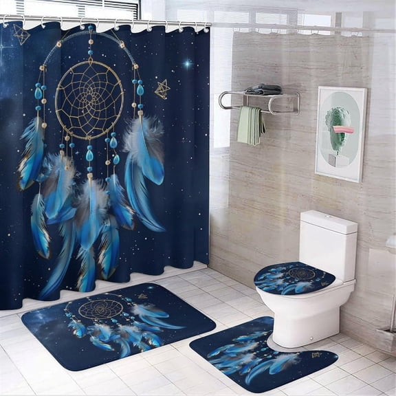4Pcs Starry Sky Dream Catcher Shower Curtain Set with Toilet Lid Cover Non-Slip Rugs for Bathroom, Galaxy Star Feather Fantasy Shower Curtain Bathroom Sets with Hooks, 72x72 Inch