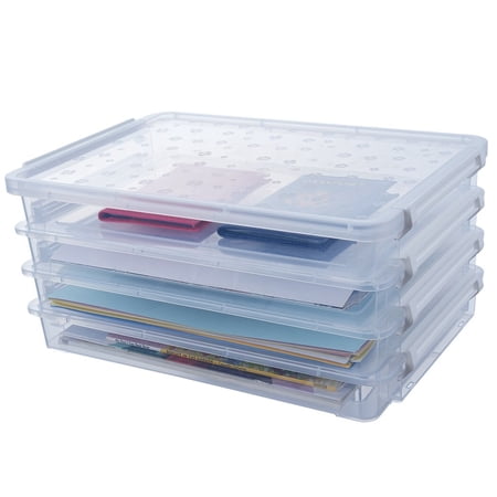 4Pcs Storage Boxes, Clear Office Supplies Storage Cases, A4 Plus Plastic Scrapbook Stackable File Containers with Buckle for Papers Magazines