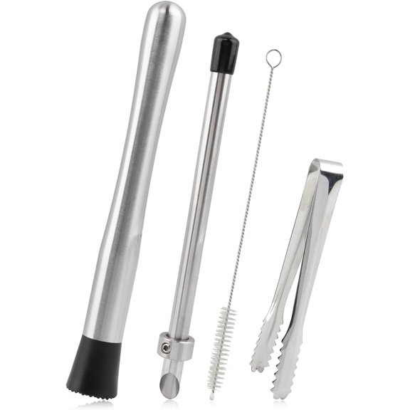 4Pcs Straw Hole Puncher Set, 304 Stainless Steel Straw Puncher for Plastic Lids Hole Punching Tools for Drinks Coffee Lemonade Stand Tool Set with Muddler,Ice Tweezers,Brush