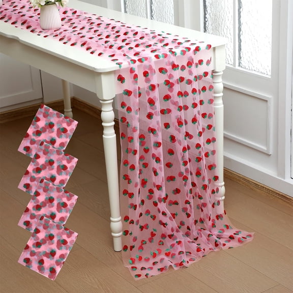4Pcs Strawberry Table Runner, 29 x70 inch Shiny Glitter Tulle Table Cloth, Spring Summer Fruit Strawberry Themed Tablecloth for Birthday Baby Shower Party Kitchen Dining Home Decoration