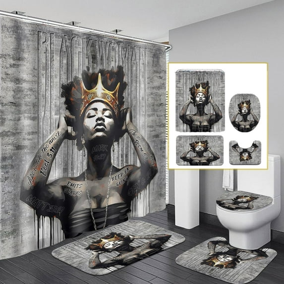 4Pcs Sunflower Black Girl Shower Curtain Set, African American Queen Shower Curtains for Bathroom, Afro Floral Girl Bathroom Sets with Shower Curtain with Rugs Toilet Lid Cover Bath Mat and Hooks