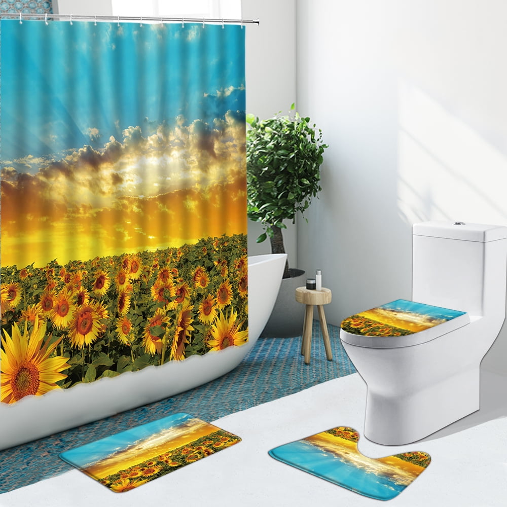 4Pcs Sunflower Black White Stripes Shower Curtain 3D Flower Pattern
