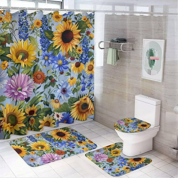4Pcs Sunflower Garden Shower Curtain Set with Rugs, Toilet Lid Cover and Bath Mat, Colorful Nature Plants Floral Daisy Bathroom Curtains Decor Shower Curtains, 72" x 72"