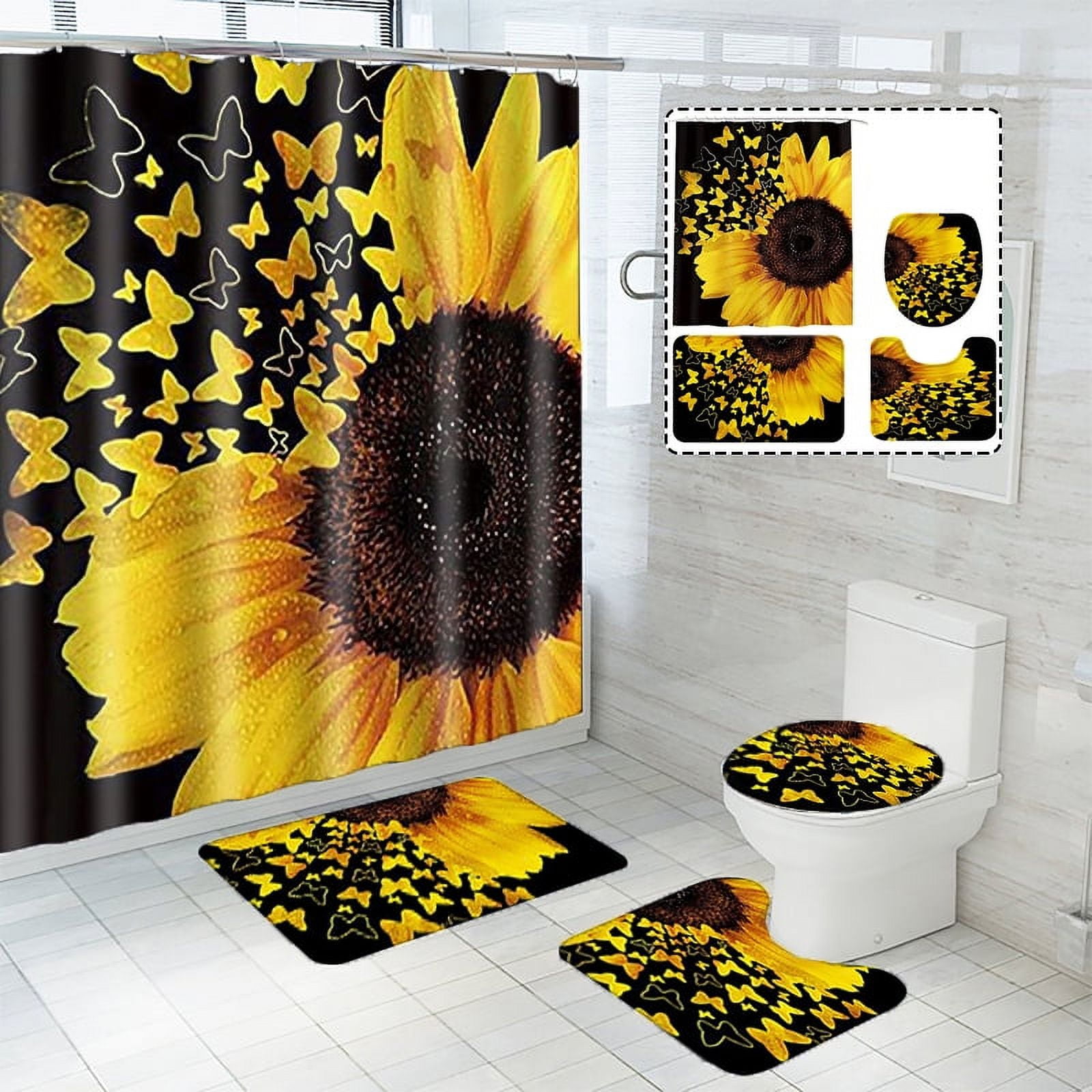 4Pcs Sunflower Shower Curtain and Rug Sets Bathroom Decor, Waterproof  Shower Curtain with Hooks and 3Pcs Toilet Cover Mat Set