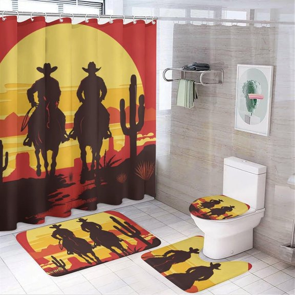 4Pcs Sunset Desert Shower Curtain Set with Rugs, Toilet Lid Cover and Bath Mat, Tropical Cactus Horse Cowboy Bathroom Curtains Decor Shower Curtains, 72" x 72"