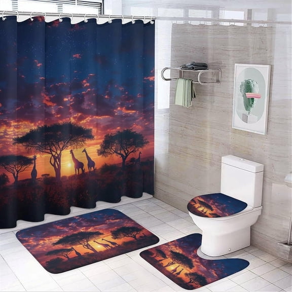 4Pcs Sunset Savanna Shower Curtain Set with Rugs, Toilet Lid Cover and Bath Mat, Night Sky Star Tree Tropical Animal Giraffe Bathroom Curtains Decor Shower Curtains, 72" x 72"